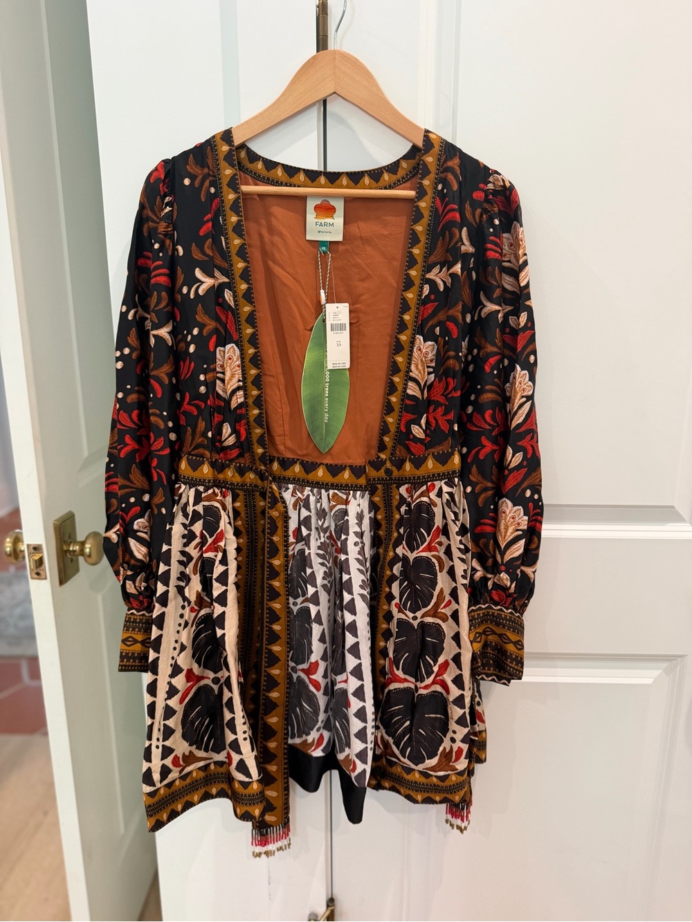 NWT FARM Rio Black Motif Wrap Mini Dress XS - Picture 2 of 4